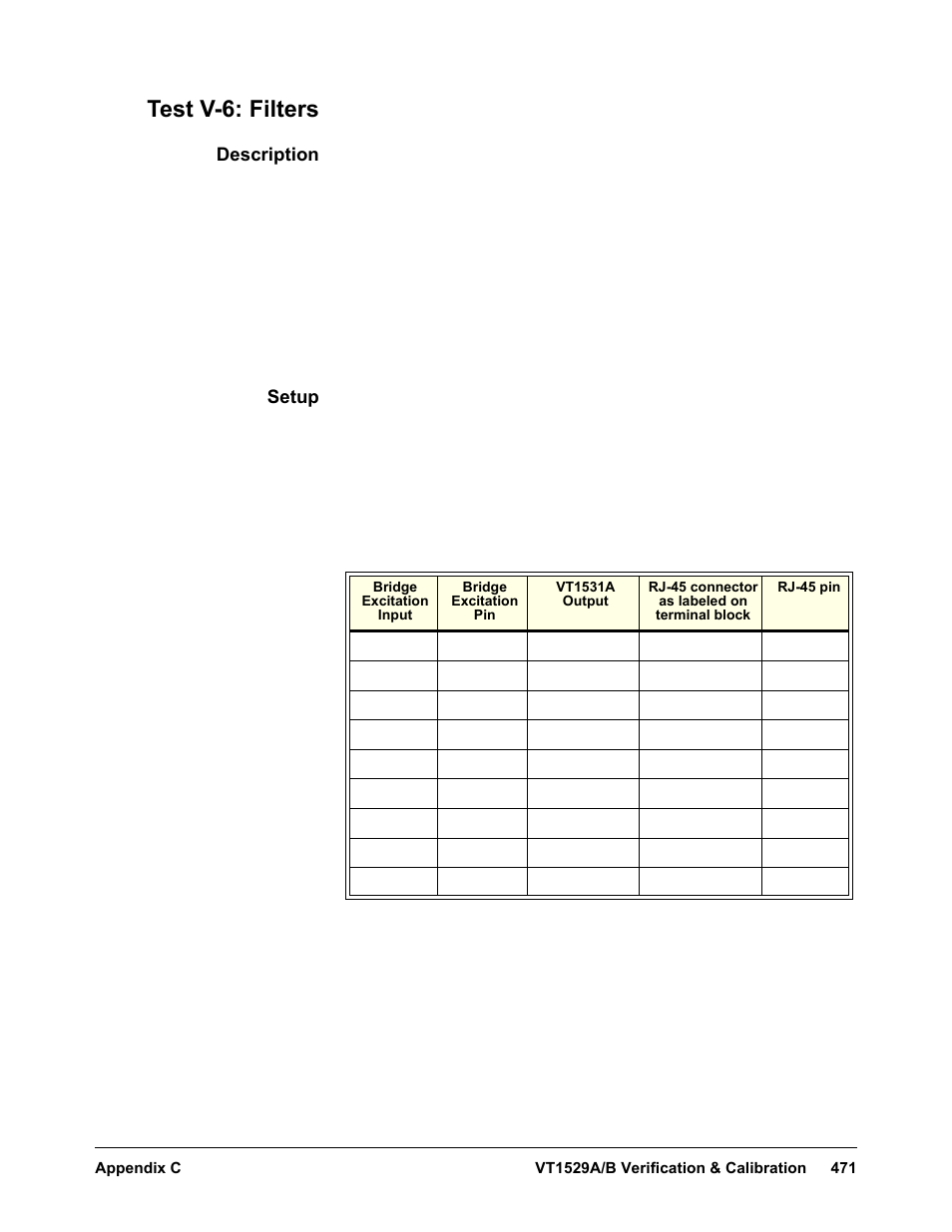 Test v-6: filters, Description, Setup | VXI VT1422A User Manual | Page 473 / 529