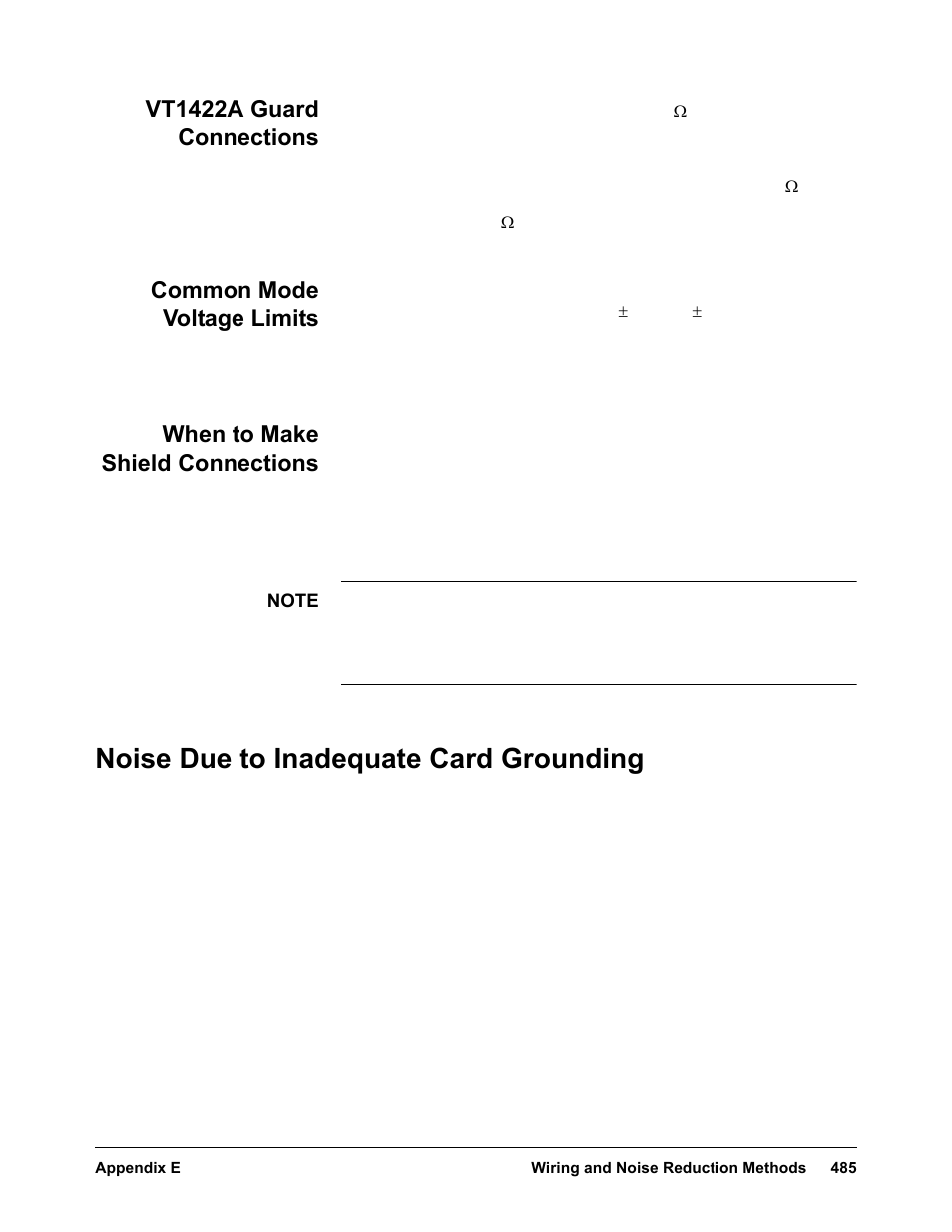 Vt1422a guard connections, Common mode voltage limits, When to make shield connections | Noise due to inadequate card grounding | VXI VT1422A User Manual | Page 487 / 529