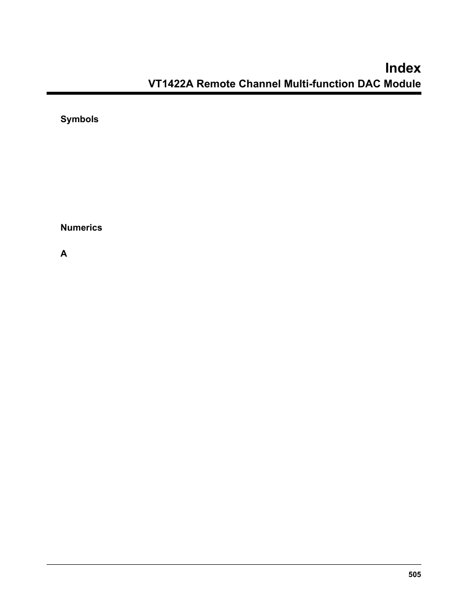 Index, Vt1422a remote channel multi-function dac module | VXI VT1422A User Manual | Page 507 / 529