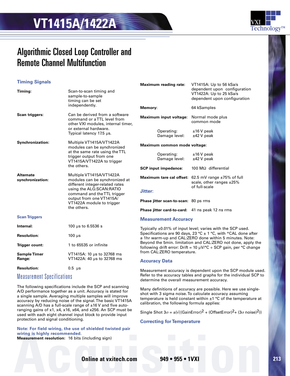 Acquisition, Technology, Measurement specifications | VXI VT1422A User Manual | Page 527 / 529