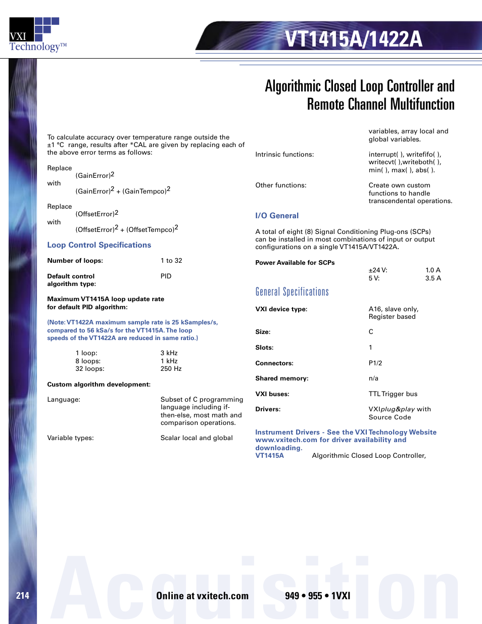 Acquisition, Technology, General specifications | VXI VT1422A User Manual | Page 528 / 529