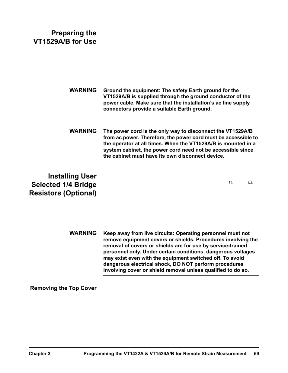 Preparing the vt1529a/b for use, Removing the top cover | VXI VT1422A User Manual | Page 61 / 529