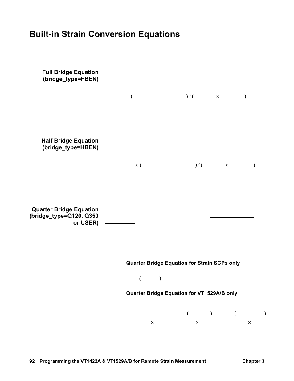 Built-in strain conversion equations, Full bridge equation (bridge_type=fben), Half bridge equation (bridge_type=hben) | VXI VT1422A User Manual | Page 94 / 529