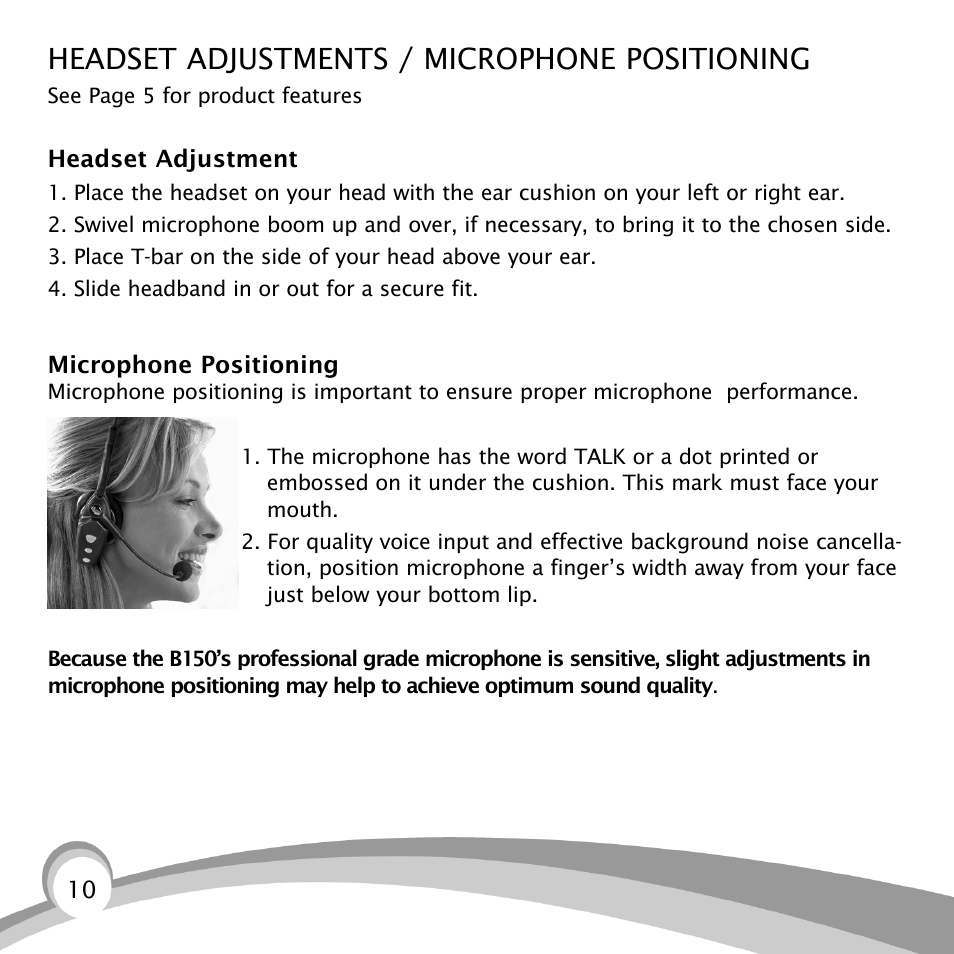 Headset adjustments / microphone positioning | VXI B150-GTX User Manual | Page 10 / 24