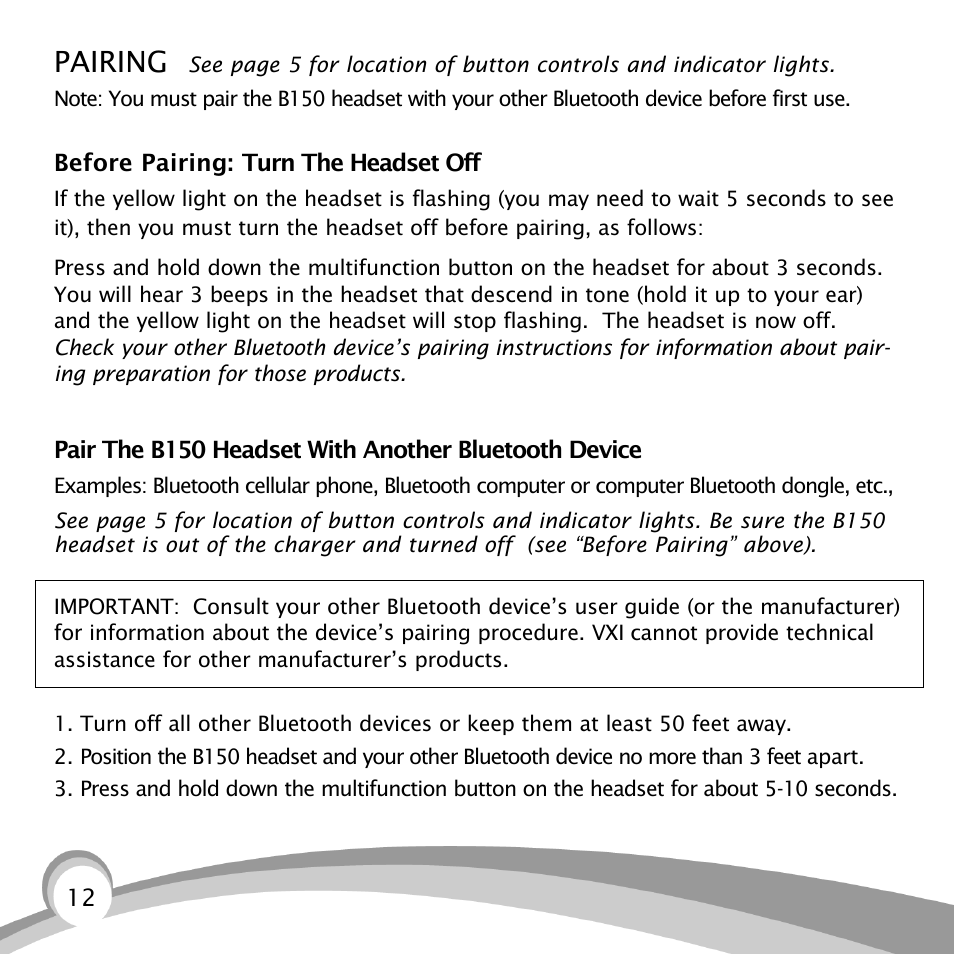 Pairing | VXI B150-GTX User Manual | Page 12 / 24