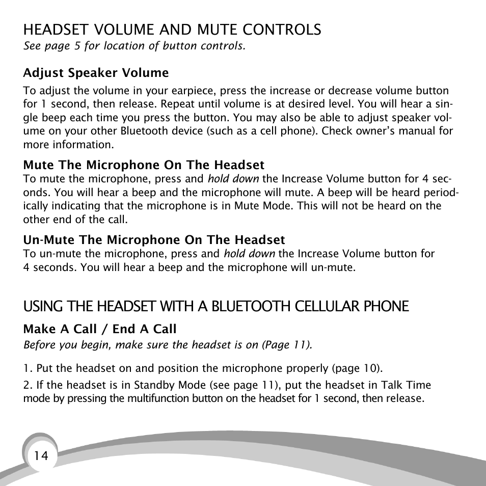 Headset volume and mute controls, Using the headset with a bluetooth cellular phone | VXI B150-GTX User Manual | Page 14 / 24