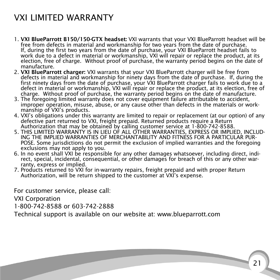 Vxi limited warranty | VXI B150-GTX User Manual | Page 21 / 24