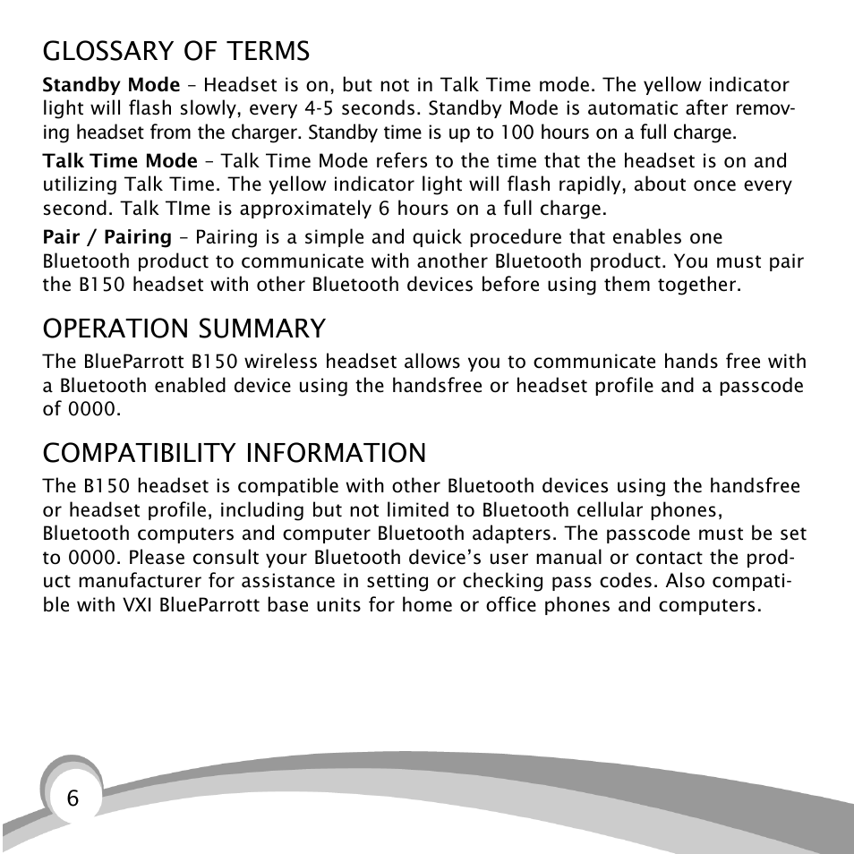 Glossary of terms, Operation summary, Compatibility information | VXI B150-GTX User Manual | Page 6 / 24