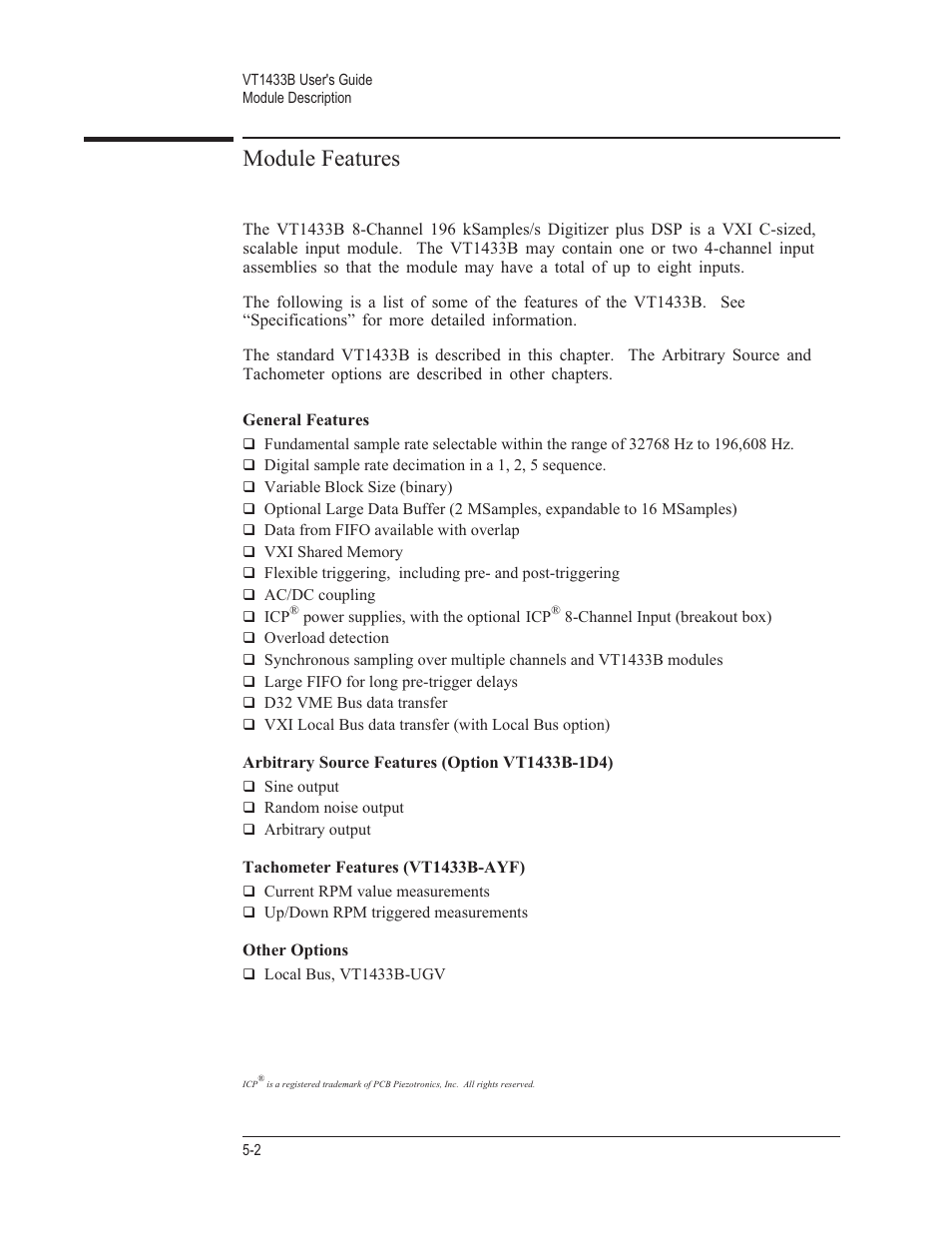 Module features 5-2, General features 5-2, Arbitrary source features (option vt1433b-1d4) 5-2 | Tachometer features (vt1433b-ayf) 5-2, Other options 5-2, Module features | VXI VT1433B User Manual | Page 110 / 203