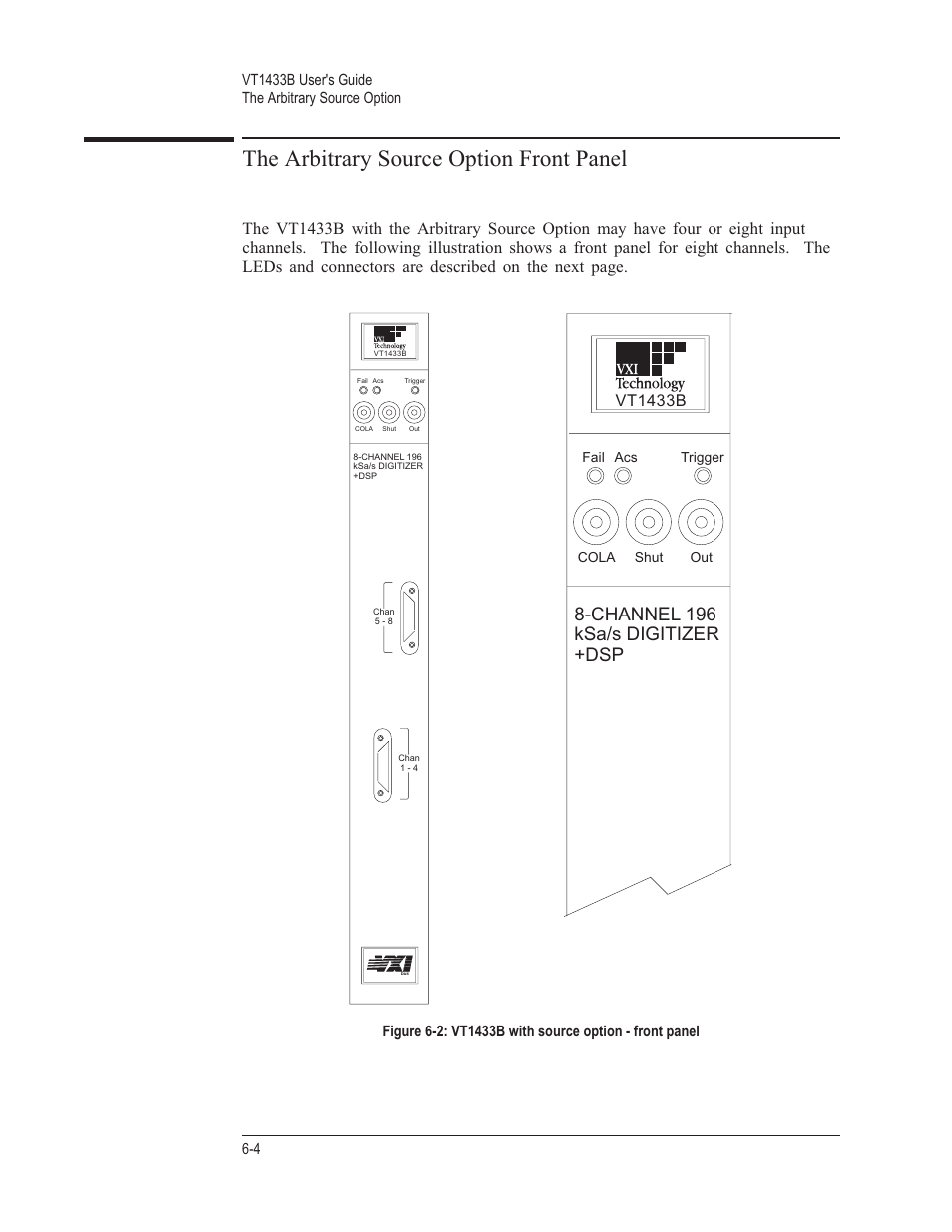 The arbitrary source option front panel 6-4, The arbitrary source option front panel, Channel 196 ksa/s digitizer +dsp | Vt1433b | VXI VT1433B User Manual | Page 128 / 203