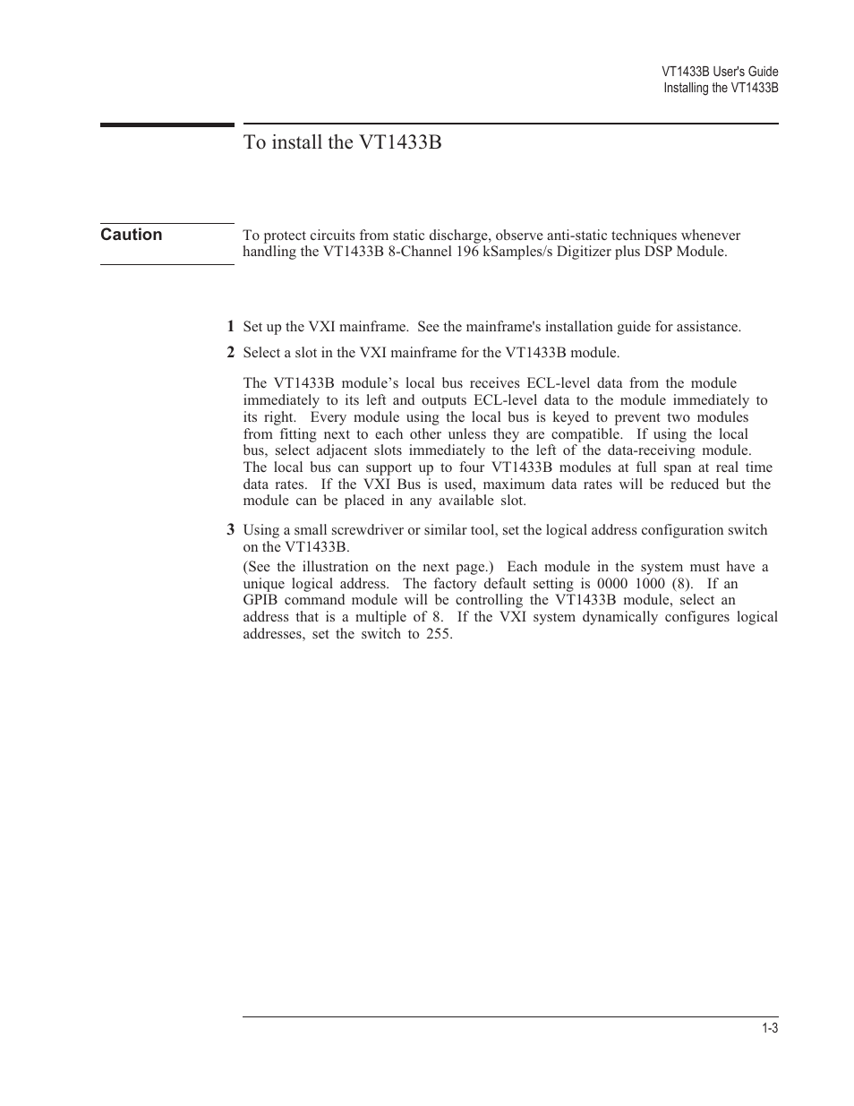 To install the vt1433b 1-3 | VXI VT1433B User Manual | Page 13 / 203