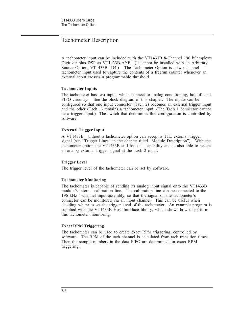 Tachometer description 7-2, Tachometer inputs 7-2, External trigger input 7-2 | Trigger level 7-2, Tachometer monitoring 7-2, Exact rpm triggering 7-2, Tachometer description | VXI VT1433B User Manual | Page 132 / 203