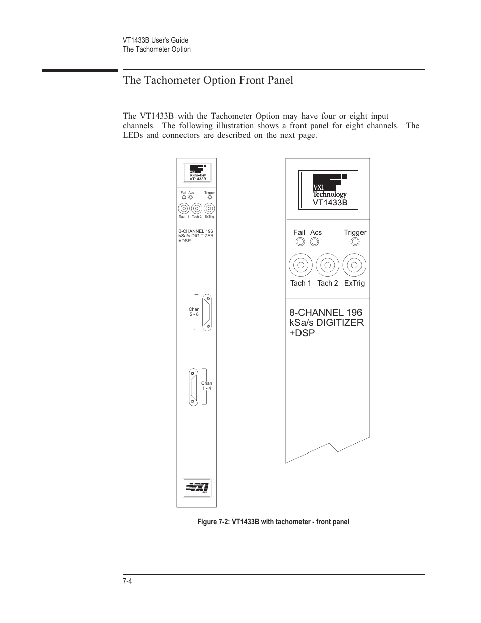 The tachometer option front panel 7-4, The tachometer option front panel, Channel 196 ksa/s digitizer +dsp | Vt1433b | VXI VT1433B User Manual | Page 134 / 203