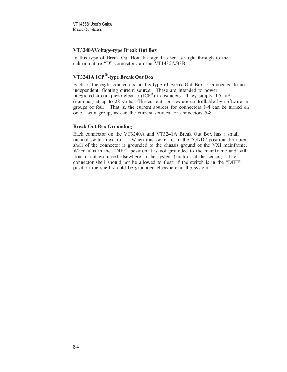 Vt3240avoltage-type break out box 8-4, Vt3241a icp®-type break out box 8-4, Break out box grounding 8-4 | VXI VT1433B User Manual | Page 140 / 203