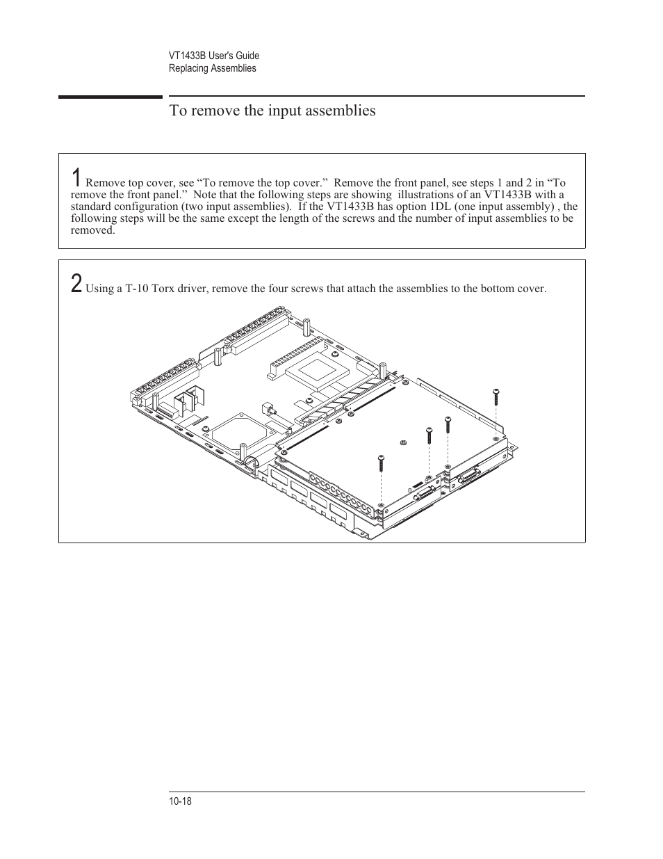 To remove the input assemblies 10-18 | VXI VT1433B User Manual | Page 166 / 203