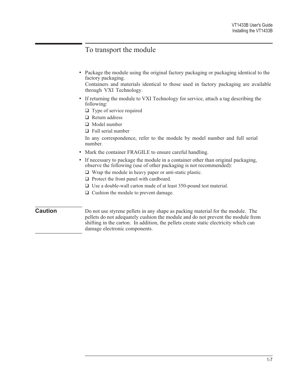 To transport the module 1-7 | VXI VT1433B User Manual | Page 17 / 203