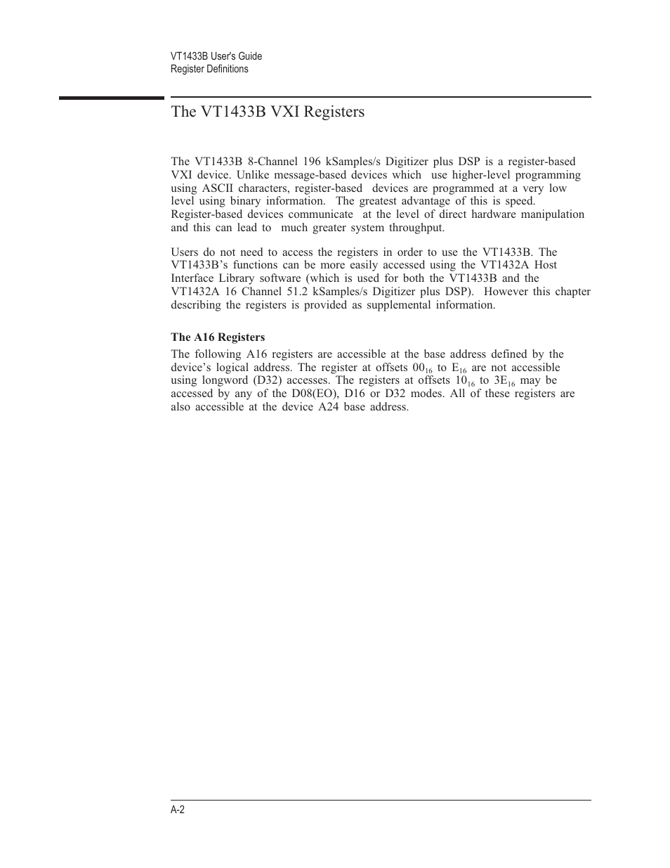 The vt1433b vxi registers a-2, The a16 registers a-2, The vt1433b vxi registers | VXI VT1433B User Manual | Page 176 / 203