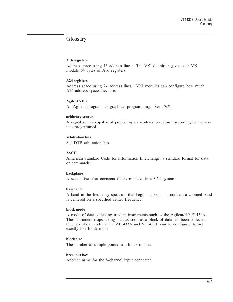 Glossary | VXI VT1433B User Manual | Page 191 / 203