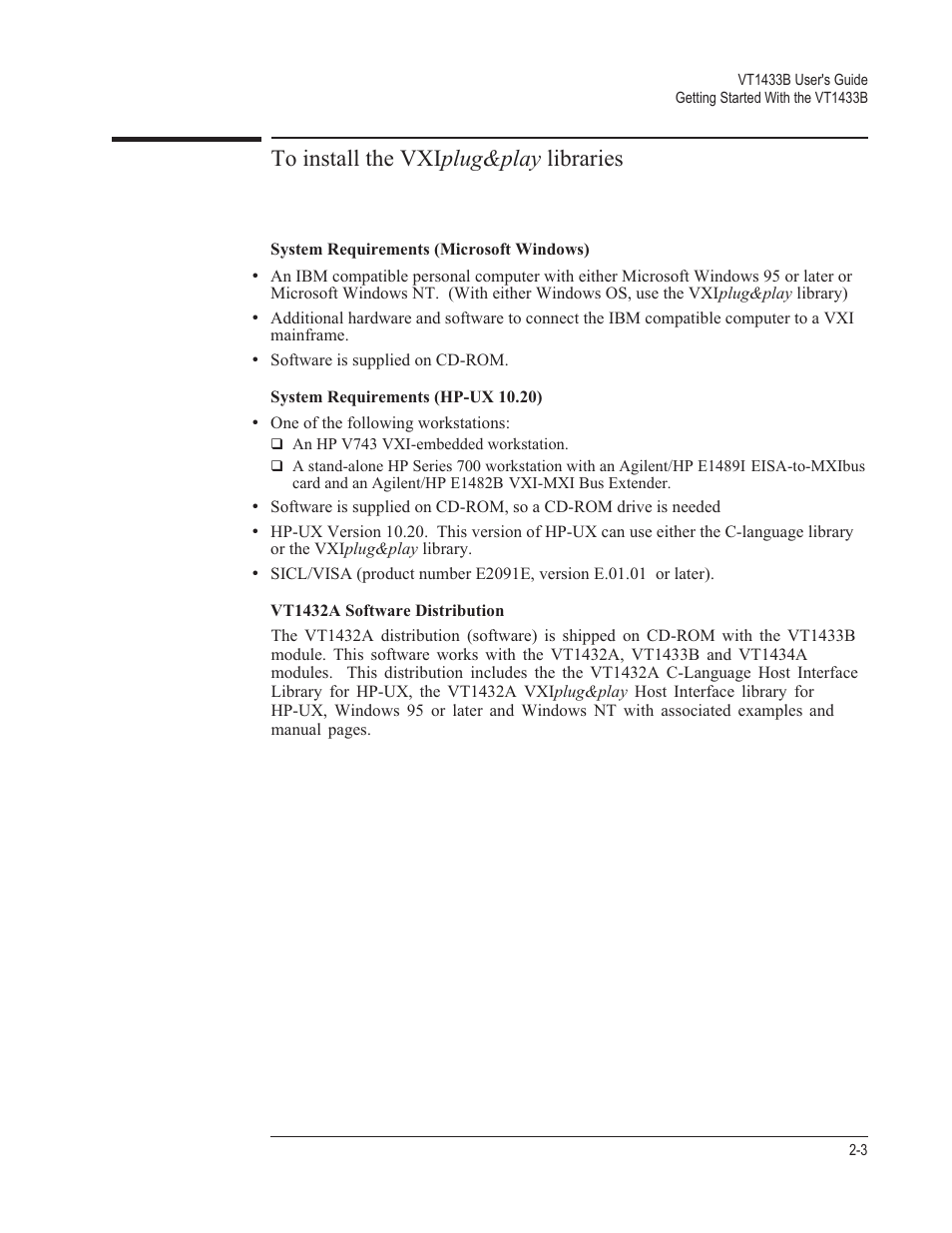 To install the vxiplug&play libraries 2-3, System requirements (microsoft windows) 2-3, System requirements (hp-ux 10.20) 2-3 | Vt1432a software distribution 2-3 | VXI VT1433B User Manual | Page 21 / 203