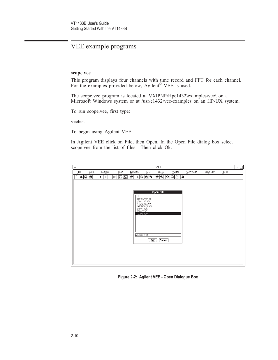 Vee example programs 2-10, Scope.vee 2-10, Vee example programs | VXI VT1433B User Manual | Page 28 / 203