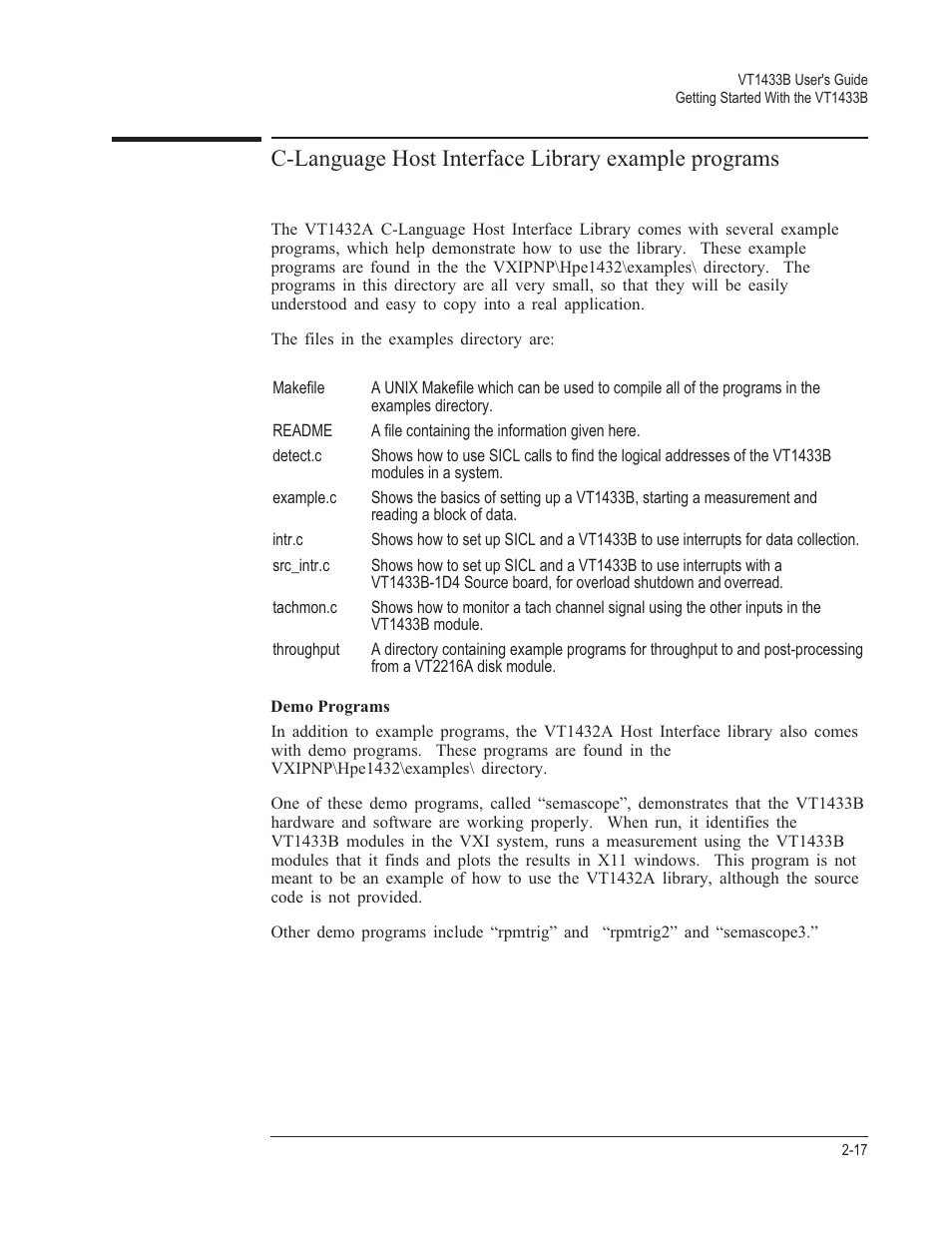Demo programs 2-17, C-language host interface library example programs | VXI VT1433B User Manual | Page 35 / 203