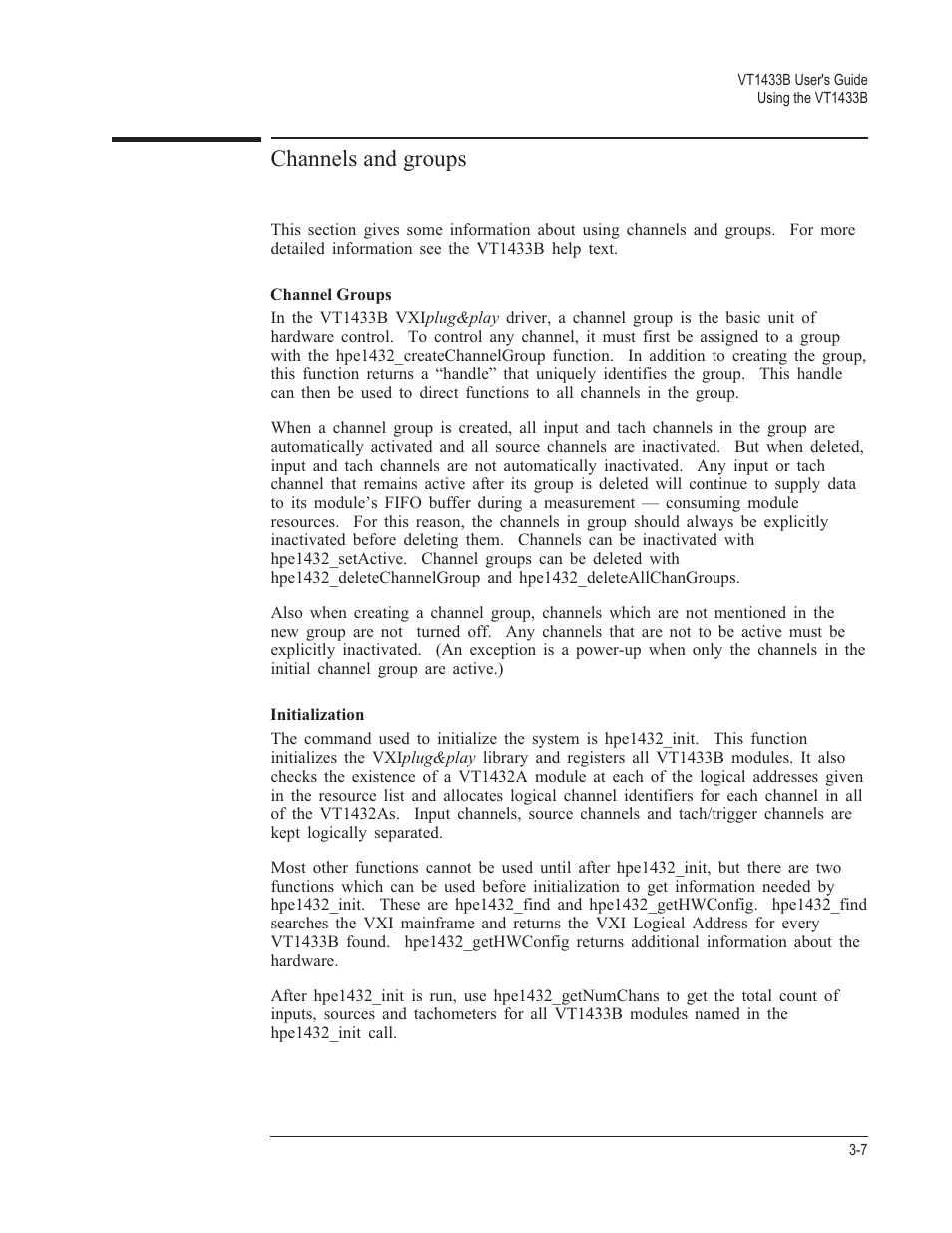Channels and groups 3-7, Channel groups 3-7, Initialization 3-7 | Channels and groups | VXI VT1433B User Manual | Page 45 / 203