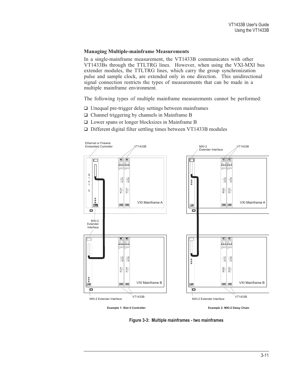 Managing multiple-mainframe measurements 3-11, Channel triggering by channels in mainframe b, Lower spans or longer blocksizes in mainframe b | Figure 3-3: multiple mainframes - two mainframes, Bus fail cal acs trigger fail acs trigger exsamp, Extrig cal exsamp extrig, Vt1433b | VXI VT1433B User Manual | Page 49 / 203