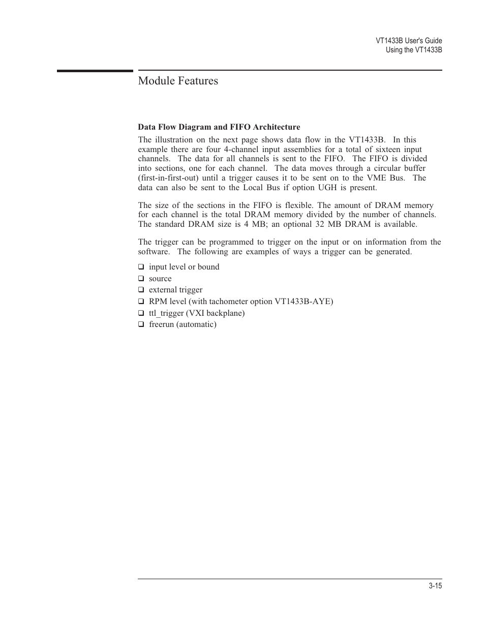 Module features 3-15, Data flow diagram and fifo architecture 3-15, Module features | VXI VT1433B User Manual | Page 53 / 203