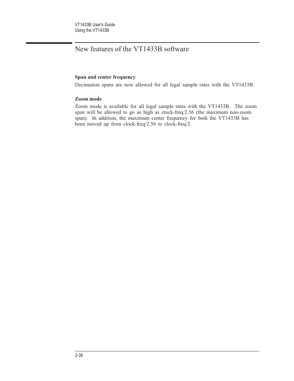 New features of the vt1433b software 3-38, Span and center frequency 3-38, Zoom mode 3-38 | New features of the vt1433b software | VXI VT1433B User Manual | Page 76 / 203