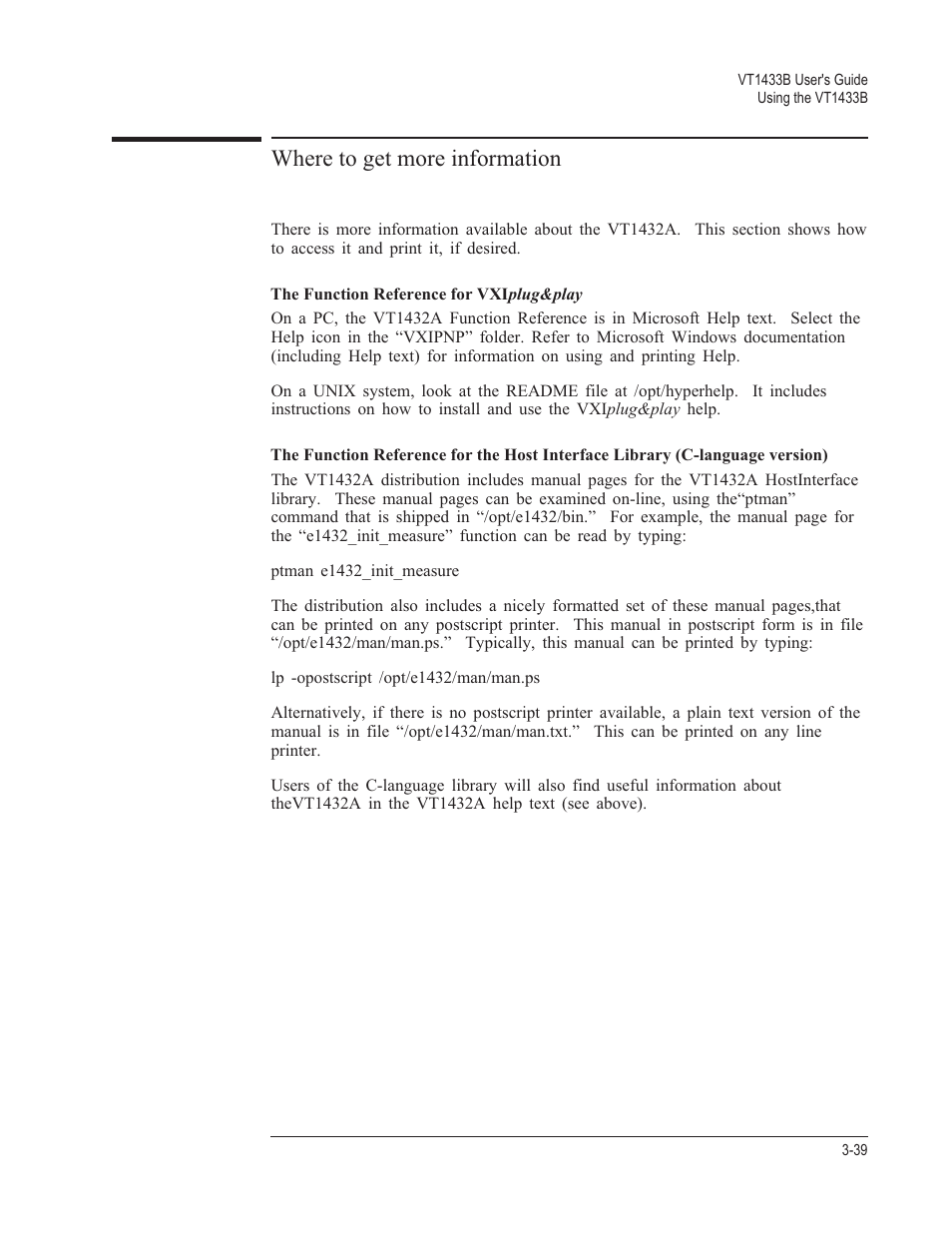 Where to get more information 3-39, The function reference for vxiplug&play 3-39, Where to get more information | VXI VT1433B User Manual | Page 77 / 203