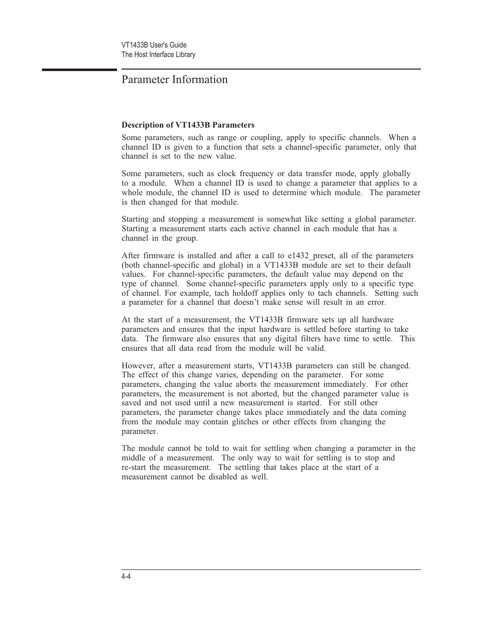 Parameter information 4-4, Description of vt1433b parameters 4-4, Parameter information | VXI VT1433B User Manual | Page 82 / 203