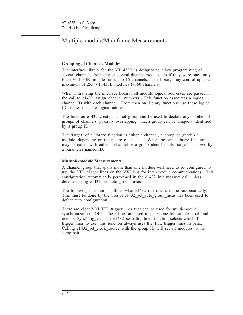 Multiple-module/mainframe measurements 4-12, Grouping of channels/modules 4-12, Multiple-module measurements 4-12 | Multiple-module/mainframe measurements | VXI VT1433B User Manual | Page 90 / 203