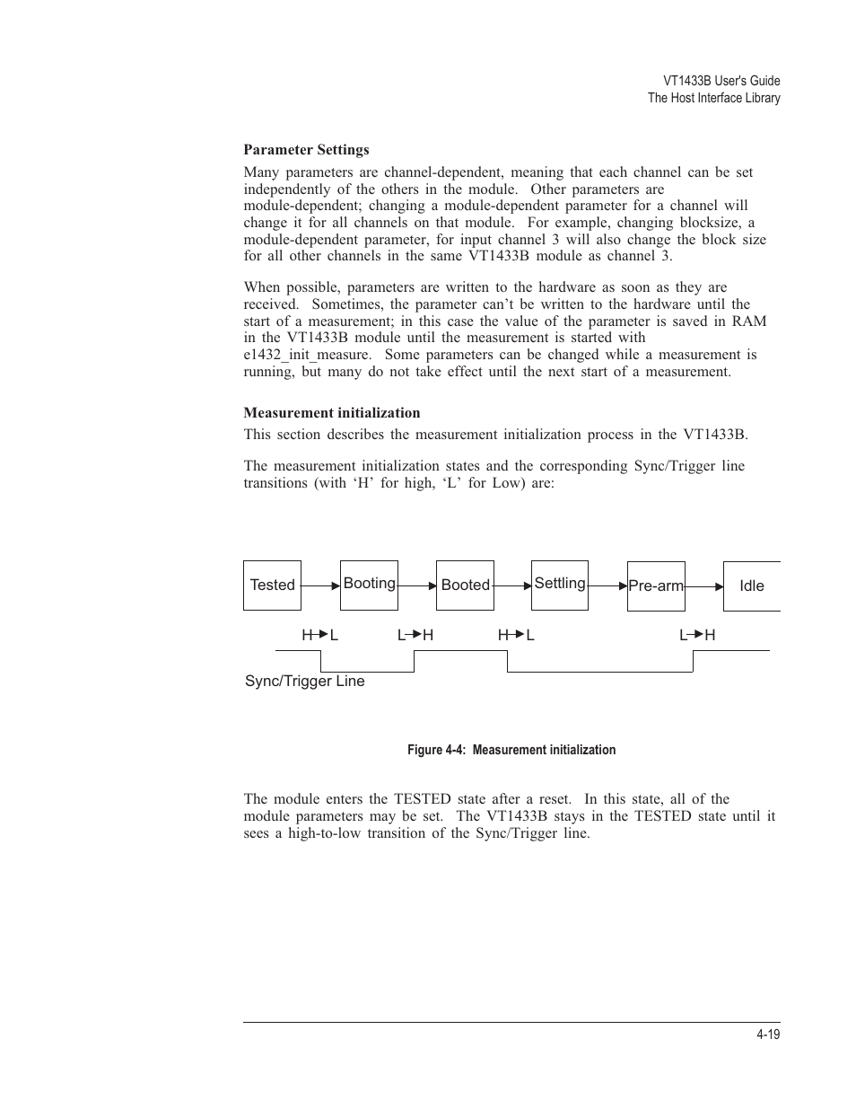 Parameter settings 4-19, Measurement initialization 4-19 | VXI VT1433B User Manual | Page 97 / 203