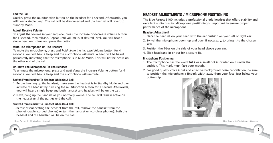 Headset adjustments / microphone positioning | VXI BlueParrott B100 User Manual | Page 13 / 26