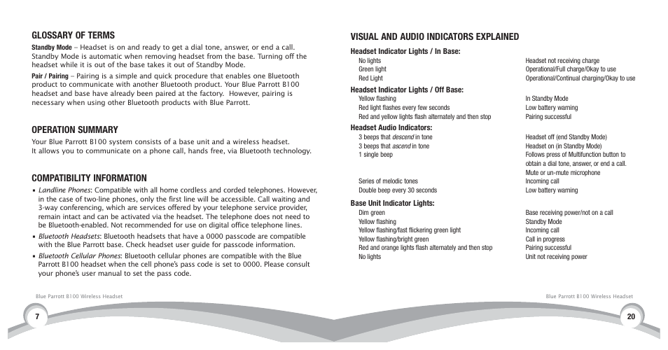 Glossary of terms, Operation summary, Compatibility information | Visual and audio indicators explained | VXI BlueParrott B100 User Manual | Page 21 / 26