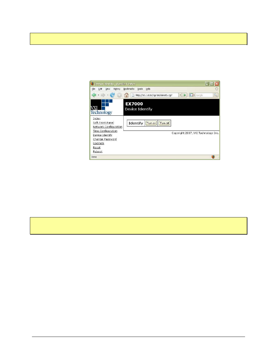 Device identify, Upgrade | VXI EX7000 User Manual | Page 33 / 39