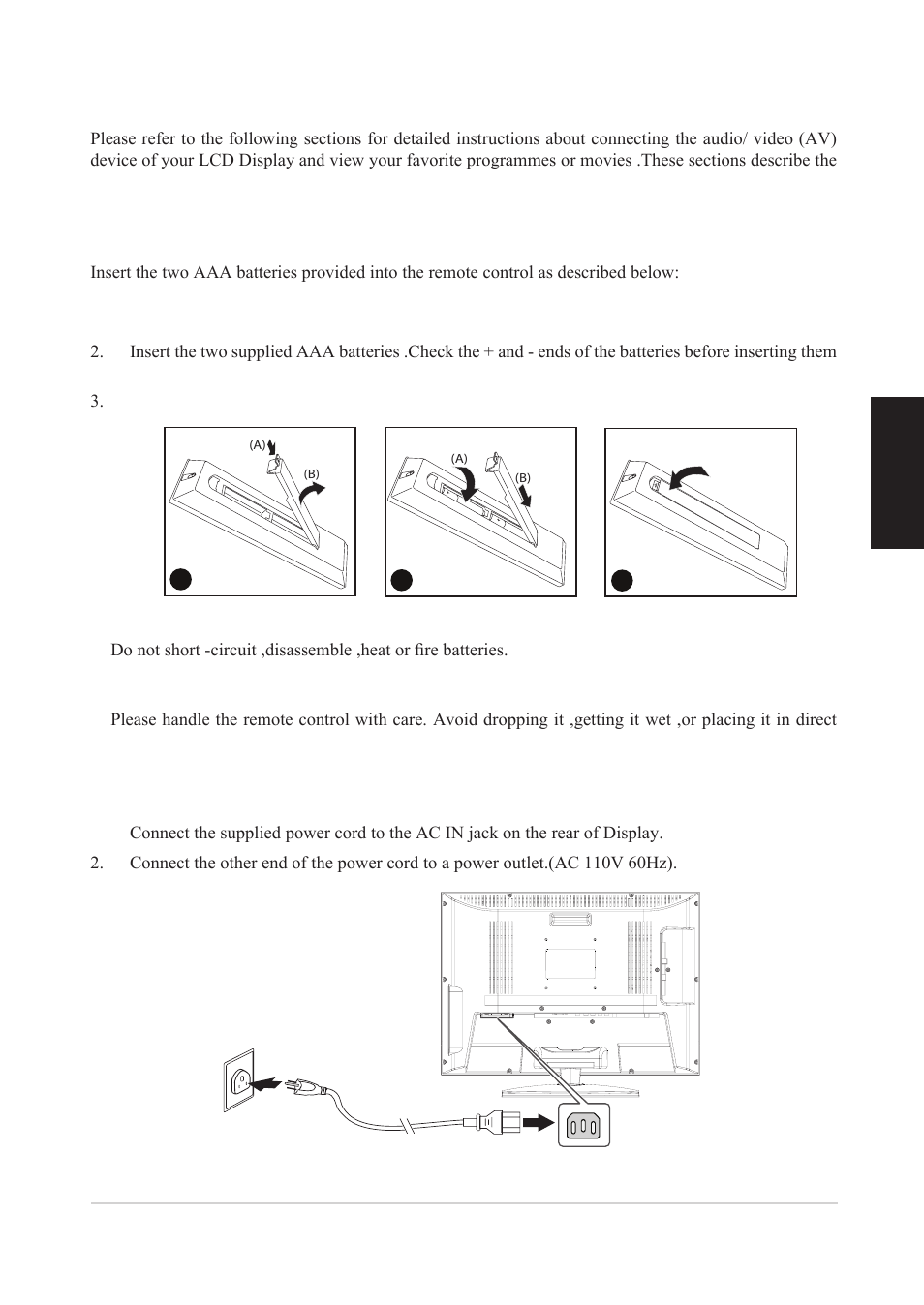 Getting started, Inserting the remote control batteries, Connecting power | English | VIEWSONIC VS12078 User Manual | Page 13 / 34