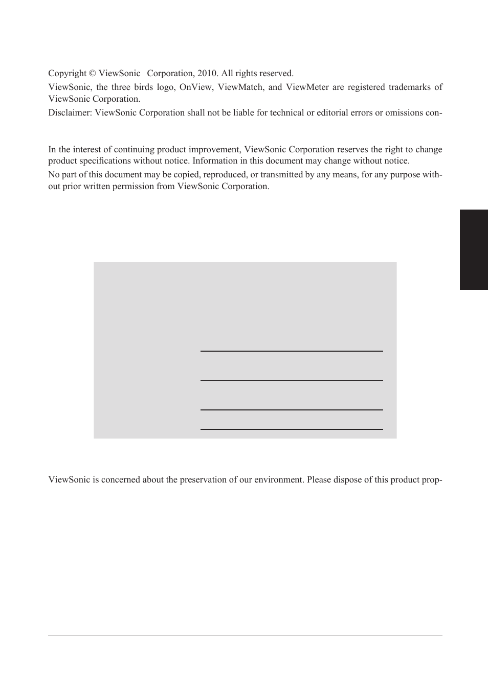 For your records, Copyright information, Product registration | Product disposal at end of product life, English | VIEWSONIC VS12078 User Manual | Page 5 / 34