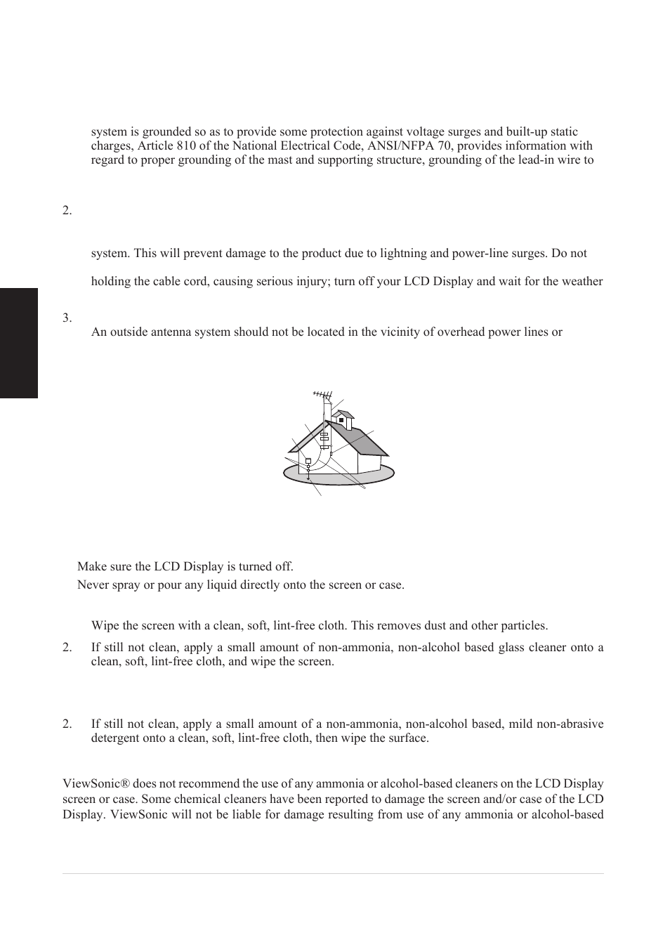Antenna installation instructions, Cleaning the lcd display, Disclaimer | English | VIEWSONIC VS12078 User Manual | Page 6 / 34