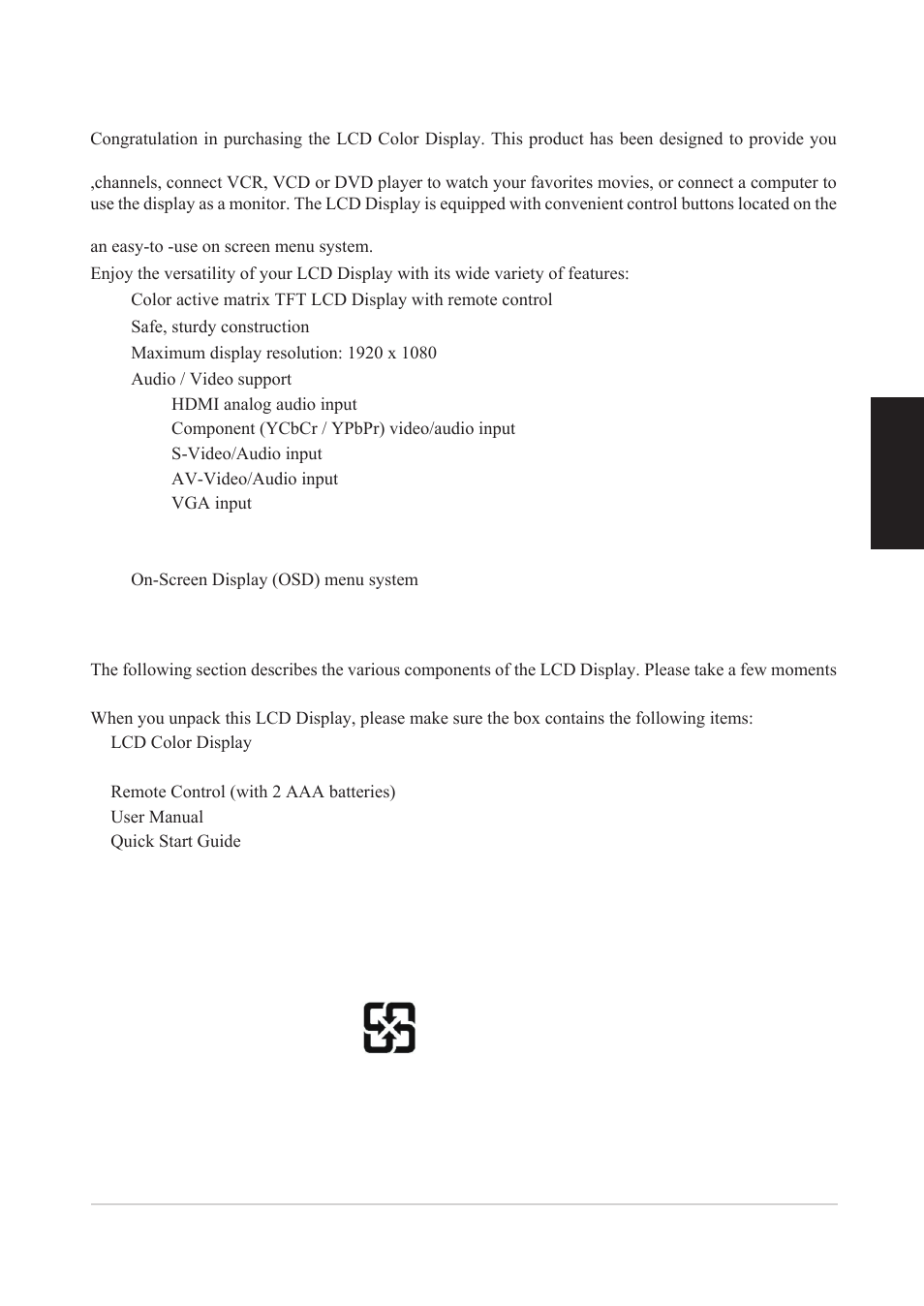 Overview of the lcd display, Product components, English | VIEWSONIC VS12078 User Manual | Page 7 / 34