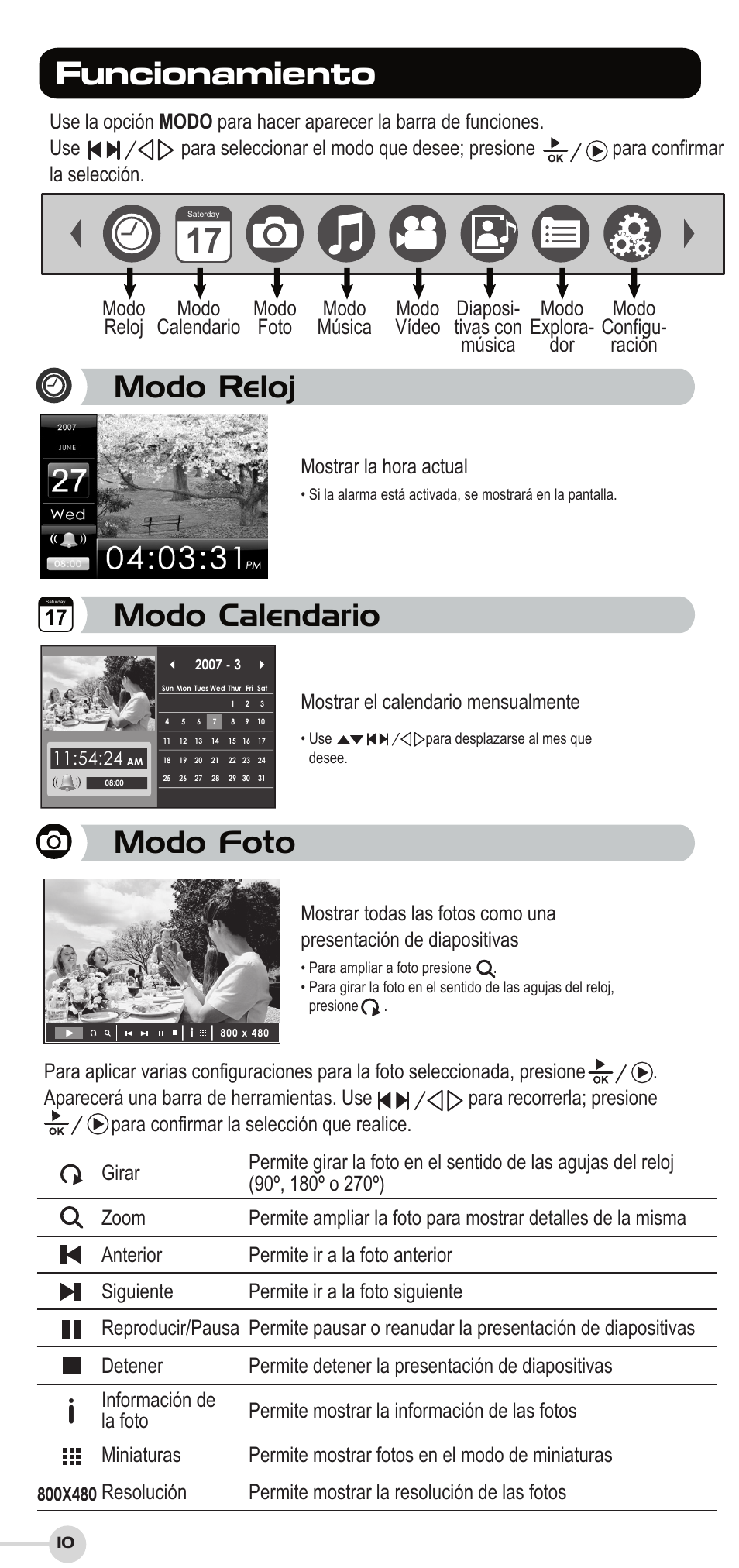 Ifuncionamiento, Modo reloj, Modo foto | Modo calendario, Mostrar la hora actual, Mostrar el calendario mensualmente | VIEWSONIC DF87G User Manual | Page 10 / 20