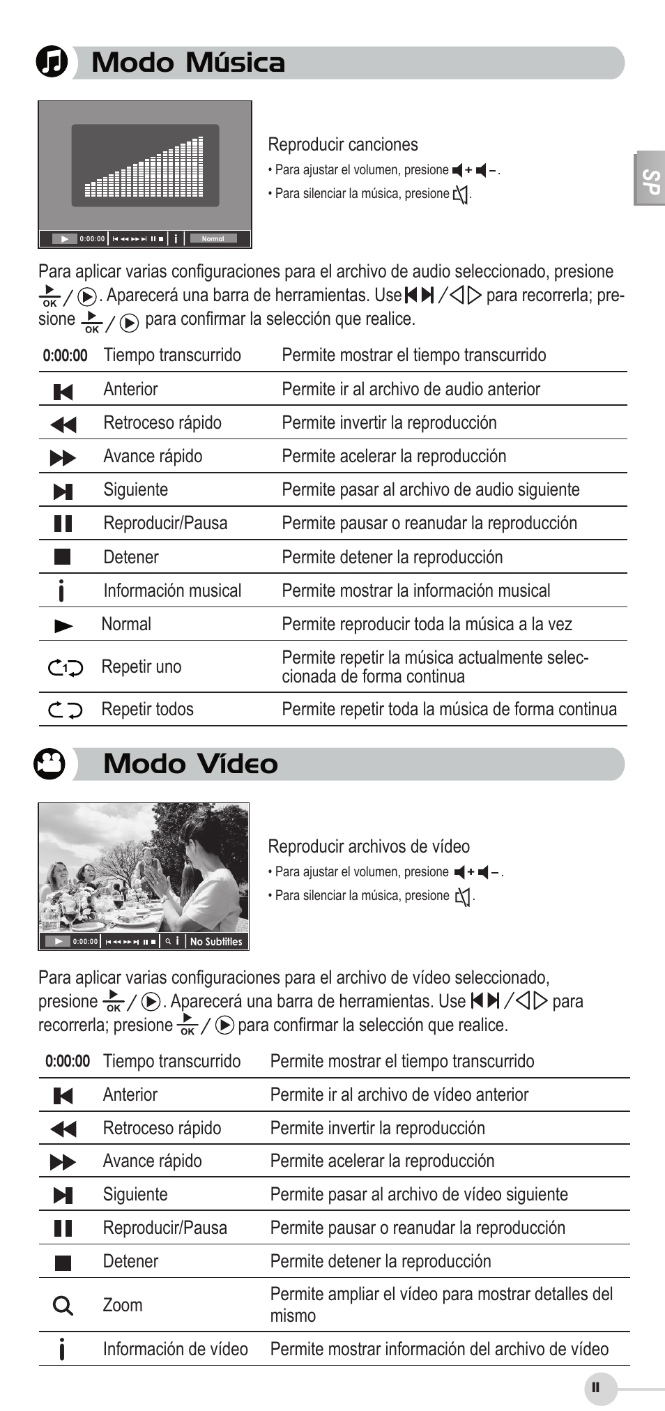 Modo música, Modo vídeo | VIEWSONIC DF87G User Manual | Page 11 / 20