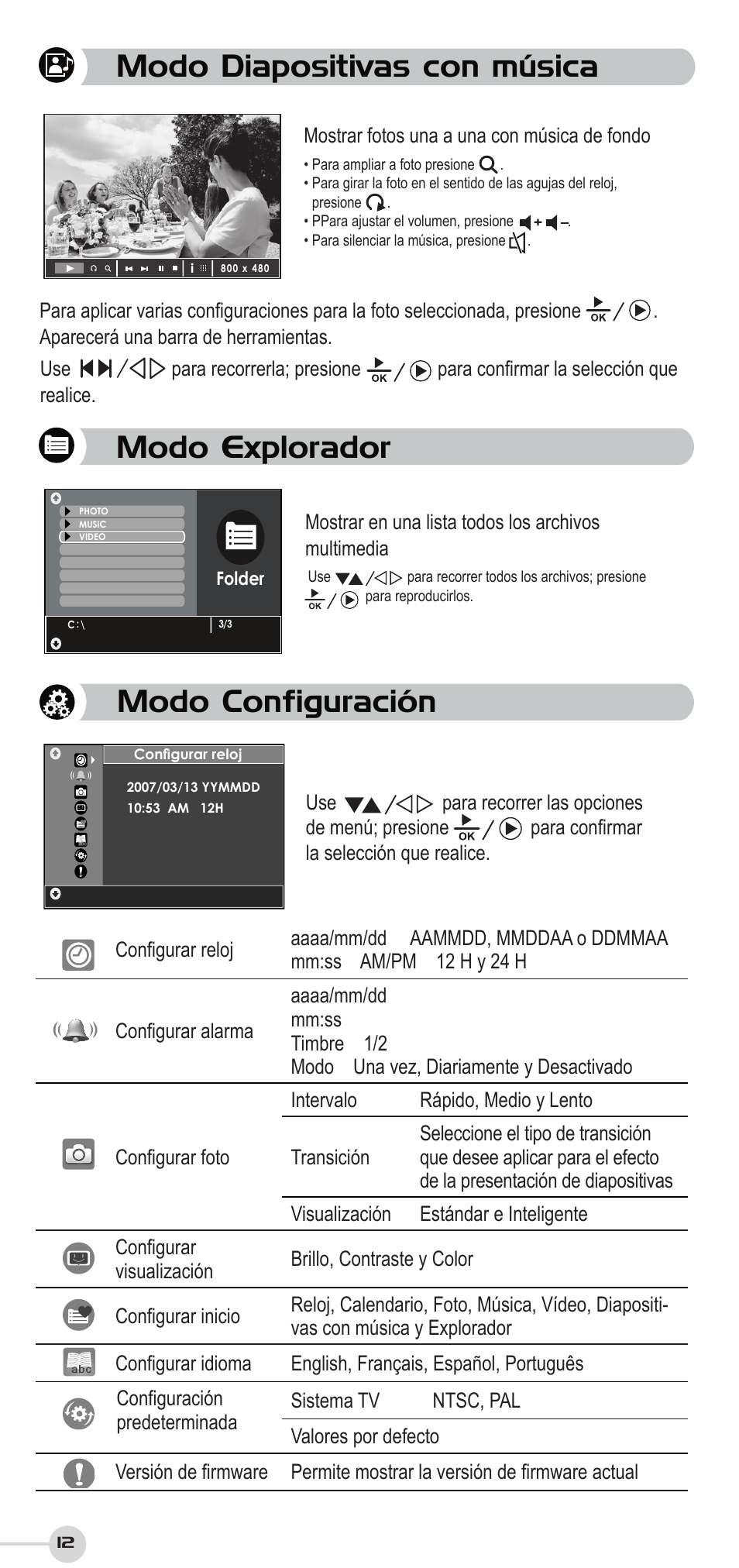 Modo explorador, Modo configuración, Modo diapositivas con música | VIEWSONIC DF87G User Manual | Page 12 / 20