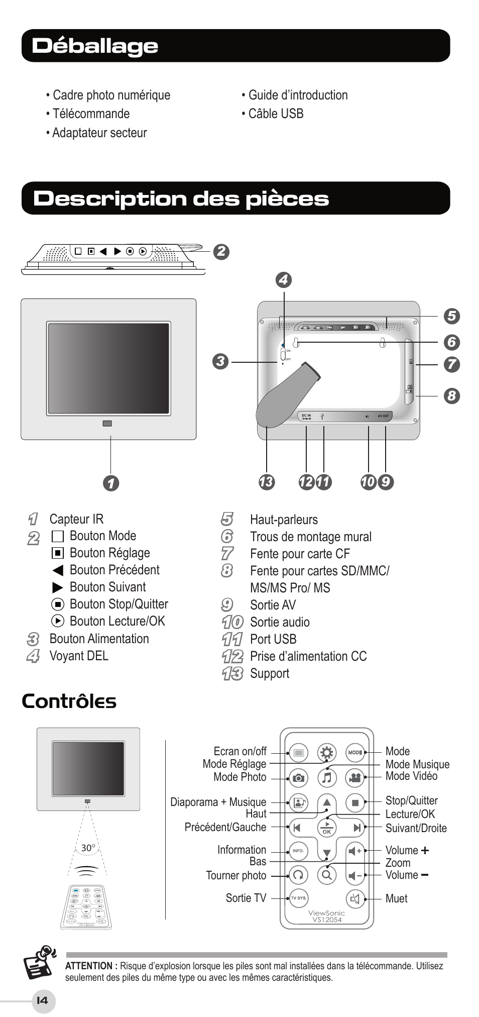 Description des pièces déballage, Contrôles, Affichage à l’horizontale affichage à la verticale | VIEWSONIC DF87G User Manual | Page 14 / 20