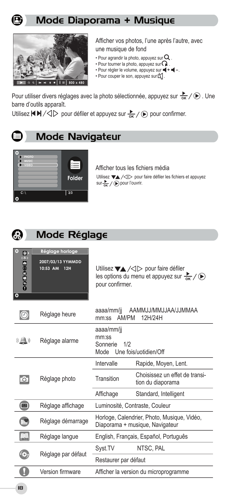 Mode diaporama + musique, Mode navigateur, Mode réglage | VIEWSONIC DF87G User Manual | Page 18 / 20
