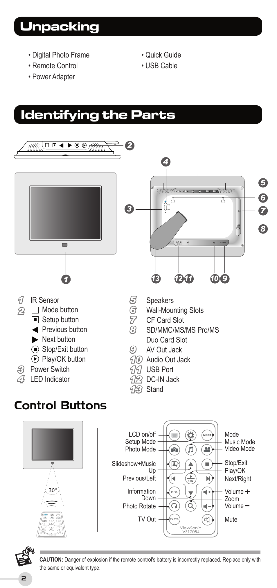 Identifying the parts unpacking, Control buttons | VIEWSONIC DF87G User Manual | Page 2 / 20