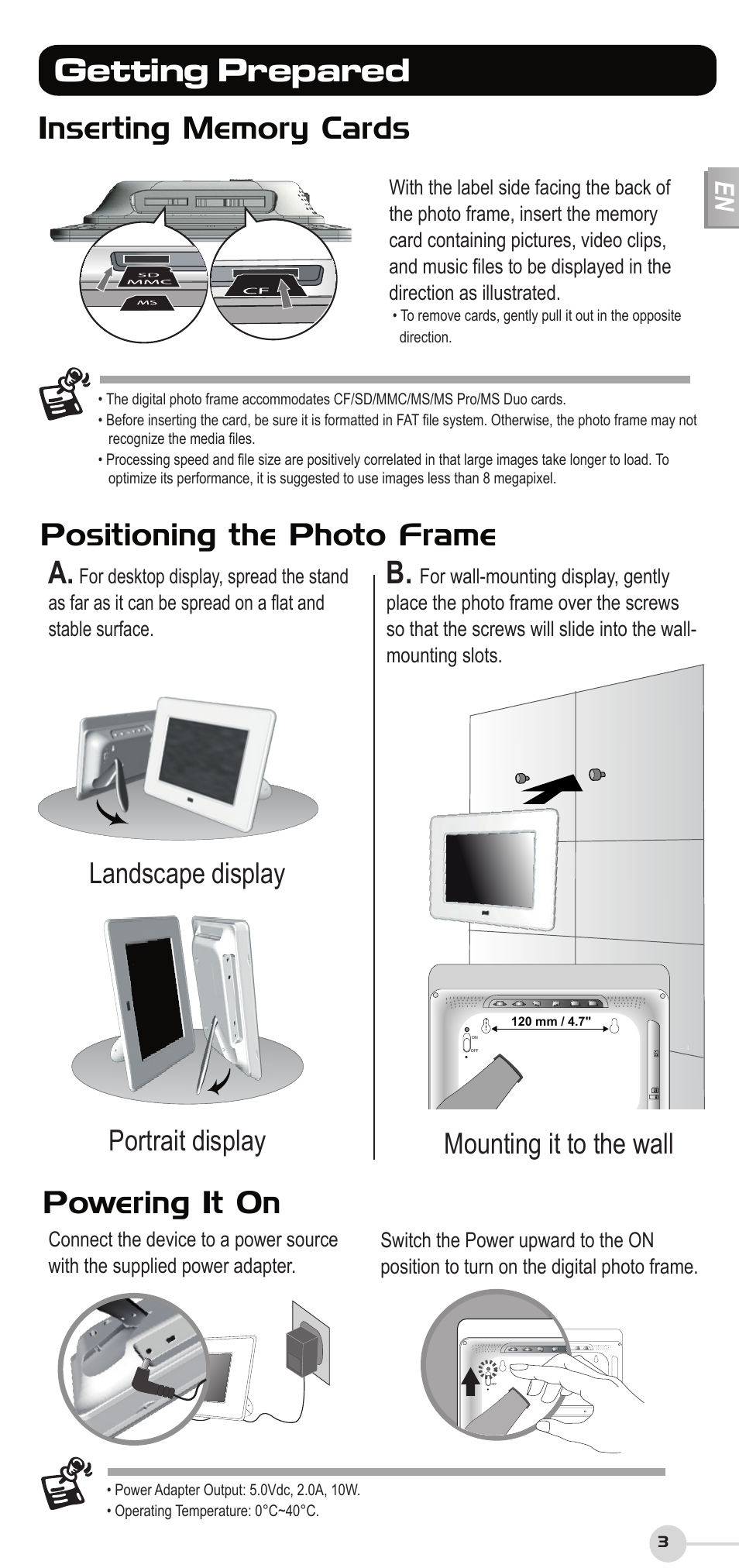 Getting prepared, Powering it on, Positioning the photo frame | Landscape display, Portrait display mounting it to the wall | VIEWSONIC DF87G User Manual | Page 3 / 20