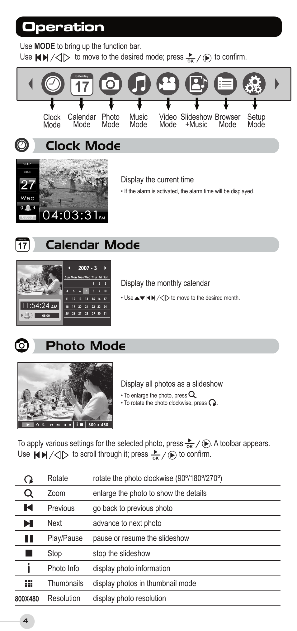 Ioperation, Clock mode, Photo mode | Calendar mode, Display the current time, Display all photos as a slideshow, Display the monthly calendar | VIEWSONIC DF87G User Manual | Page 4 / 20