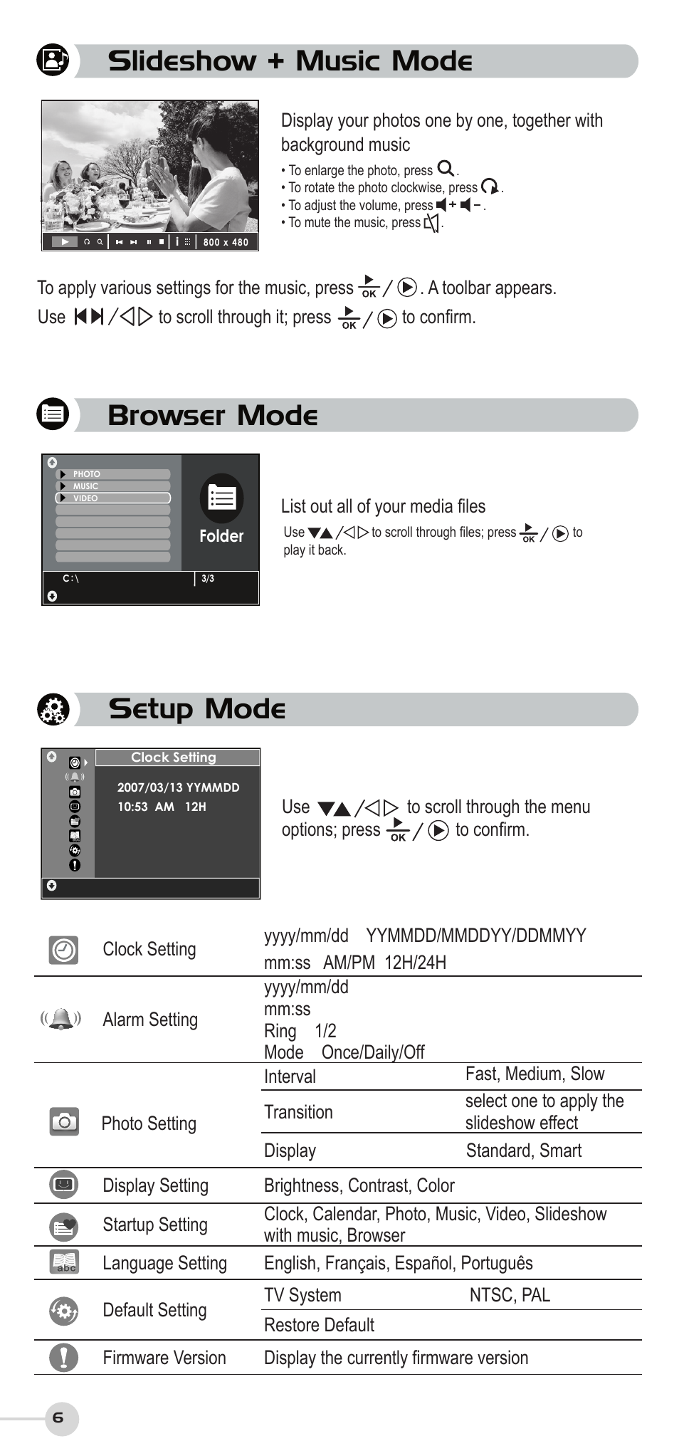 Browser mode, Setup mode, Slideshow + music mode | VIEWSONIC DF87G User Manual | Page 6 / 20