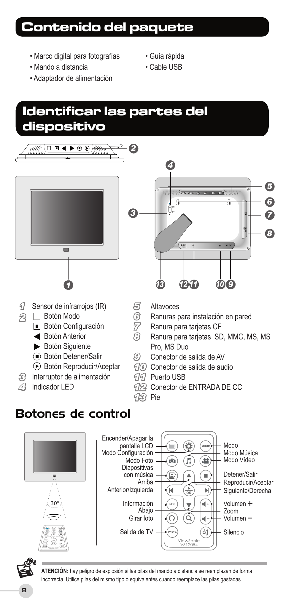 Botones de control | VIEWSONIC DF87G User Manual | Page 8 / 20
